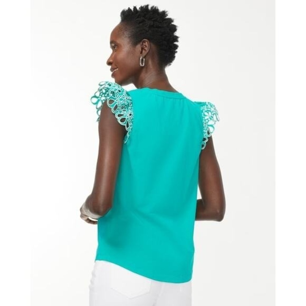 Chico's Eyelet Flutter Cap Sleeve Tee Tropical Jade Teal Lace Stretch - L - Picture 3 of 12
